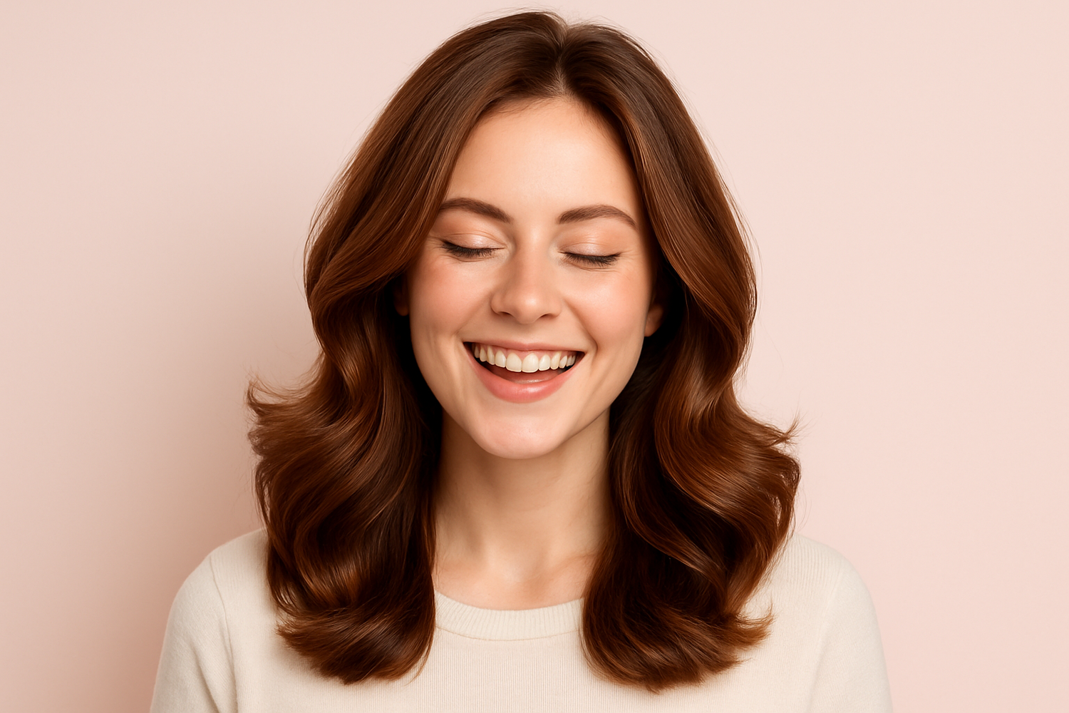 femme contente cheveux frais sur fond rose pale