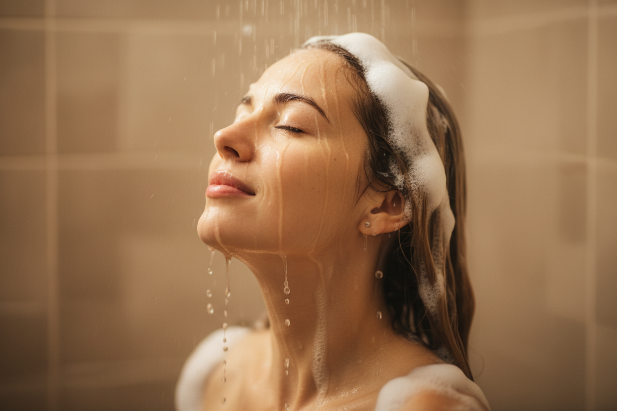 une femme qui se lavent les cheveux
